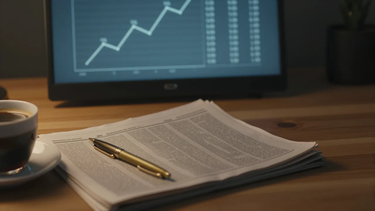 Close-up of a financial screen showing a rising yield line beside a printed bond document on a desk