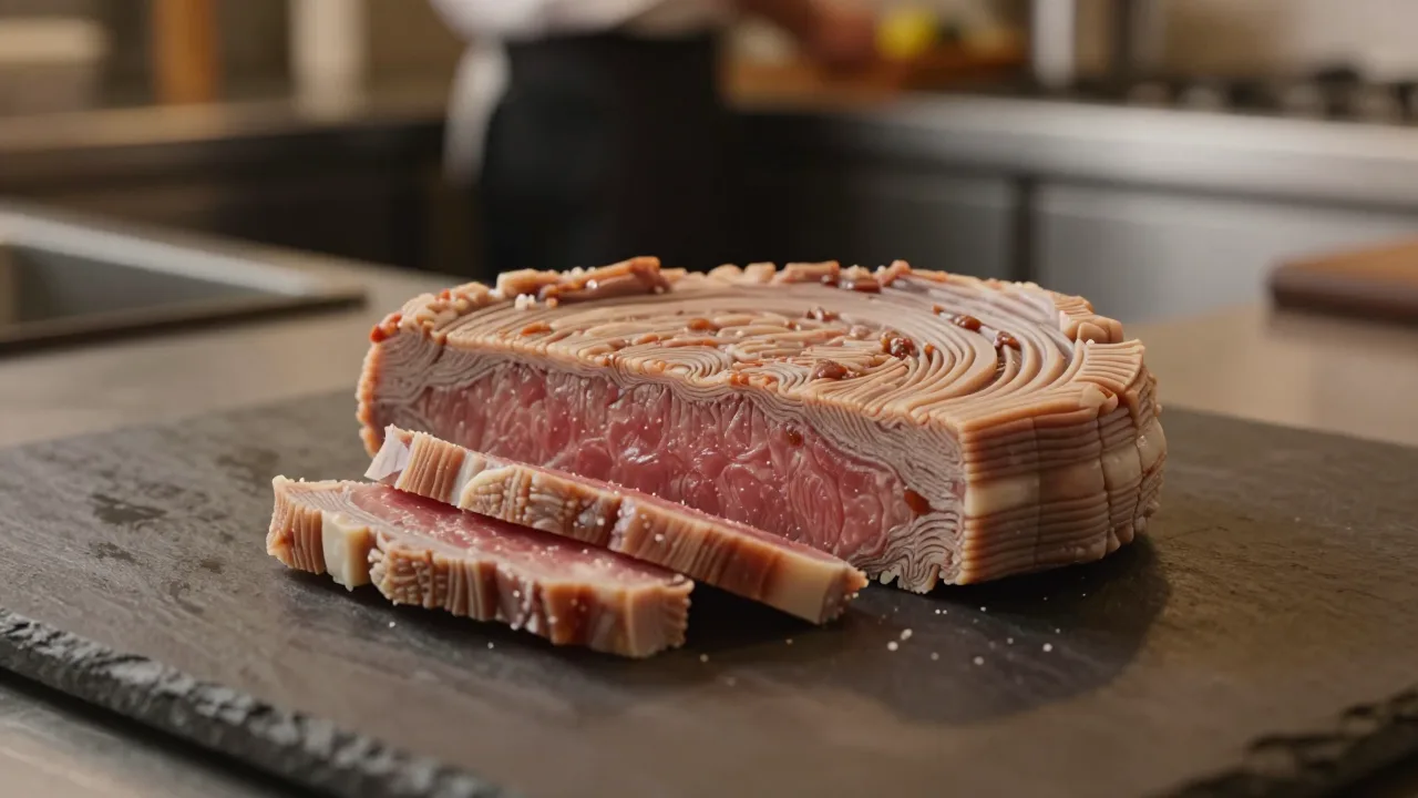 A sliced 3D printed meat portion on a chef worktable