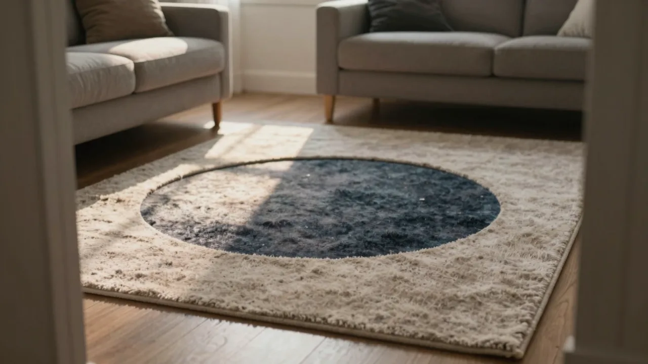Living room floor with a rug printed to look like a deep circular opening under soft light