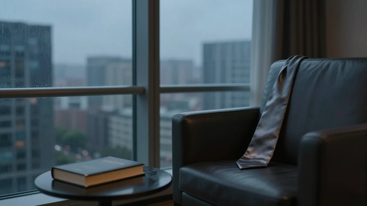 Grey silk tie draped over a leather armchair in a dim penthouse room