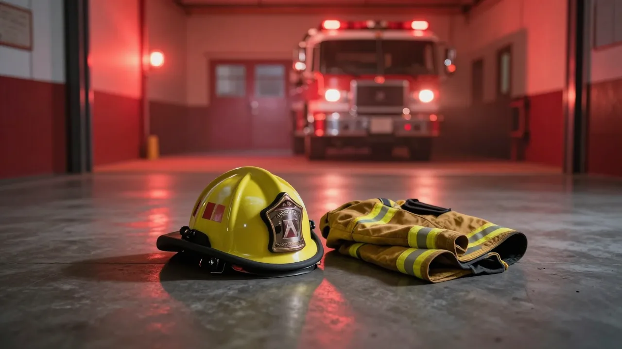Firefighter helmet and turnout gear on a station floor lit by red emergency lights
