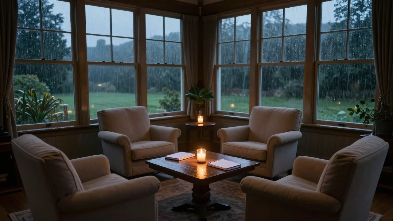 Candlelit countryside retreat lounge prepared for a couples therapy session