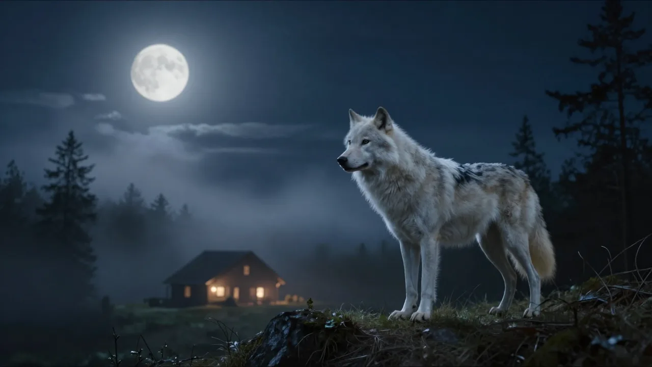 A lone white wolf beneath moonlight in a misty forest