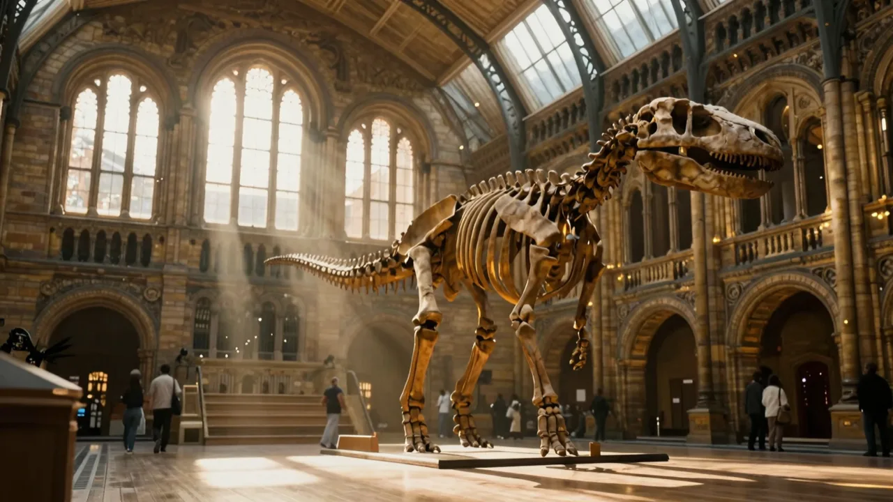 Sunlit natural history museum hall with a mounted dinosaur skeleton and tall arched windows