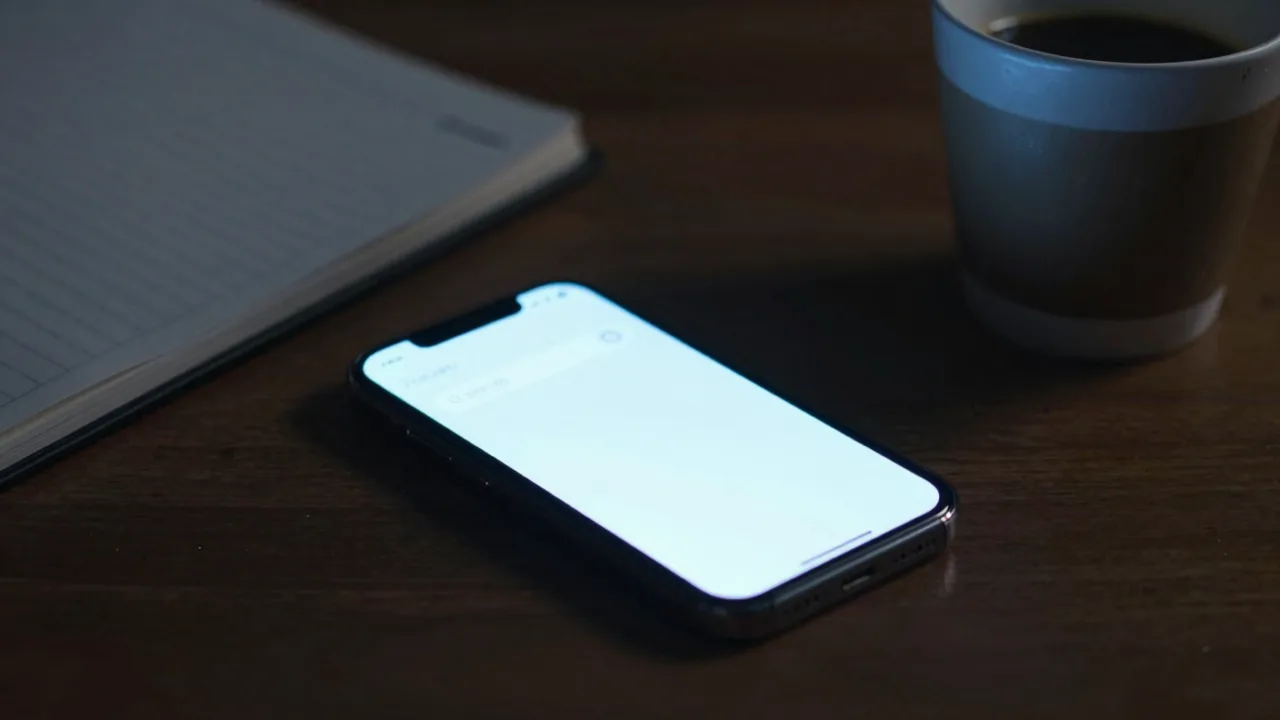 Smartphone screen glowing with a search bar in a dim room, no visible face