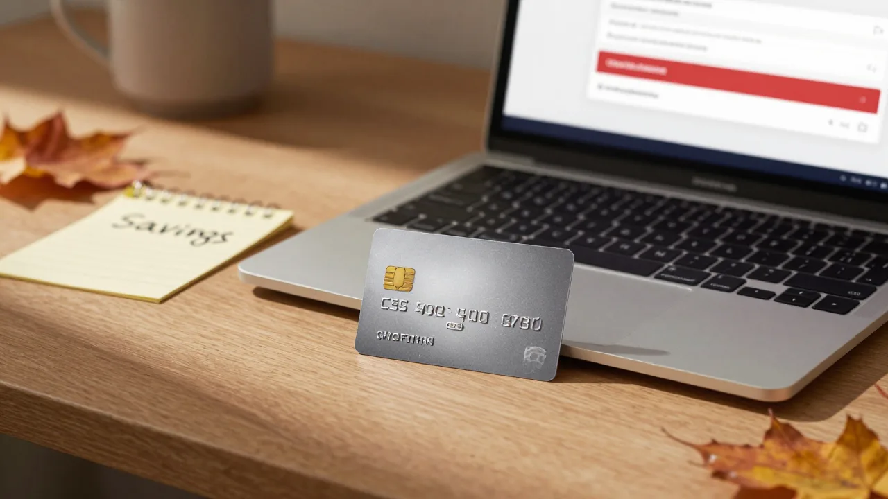 Online shopping cart beside a credit card and savings note
