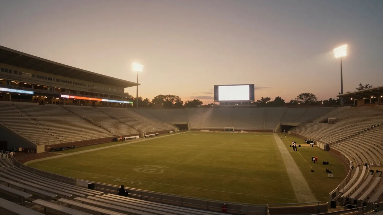 Empty college football stadium at dusk with floodlights on and a scoreboard glowing