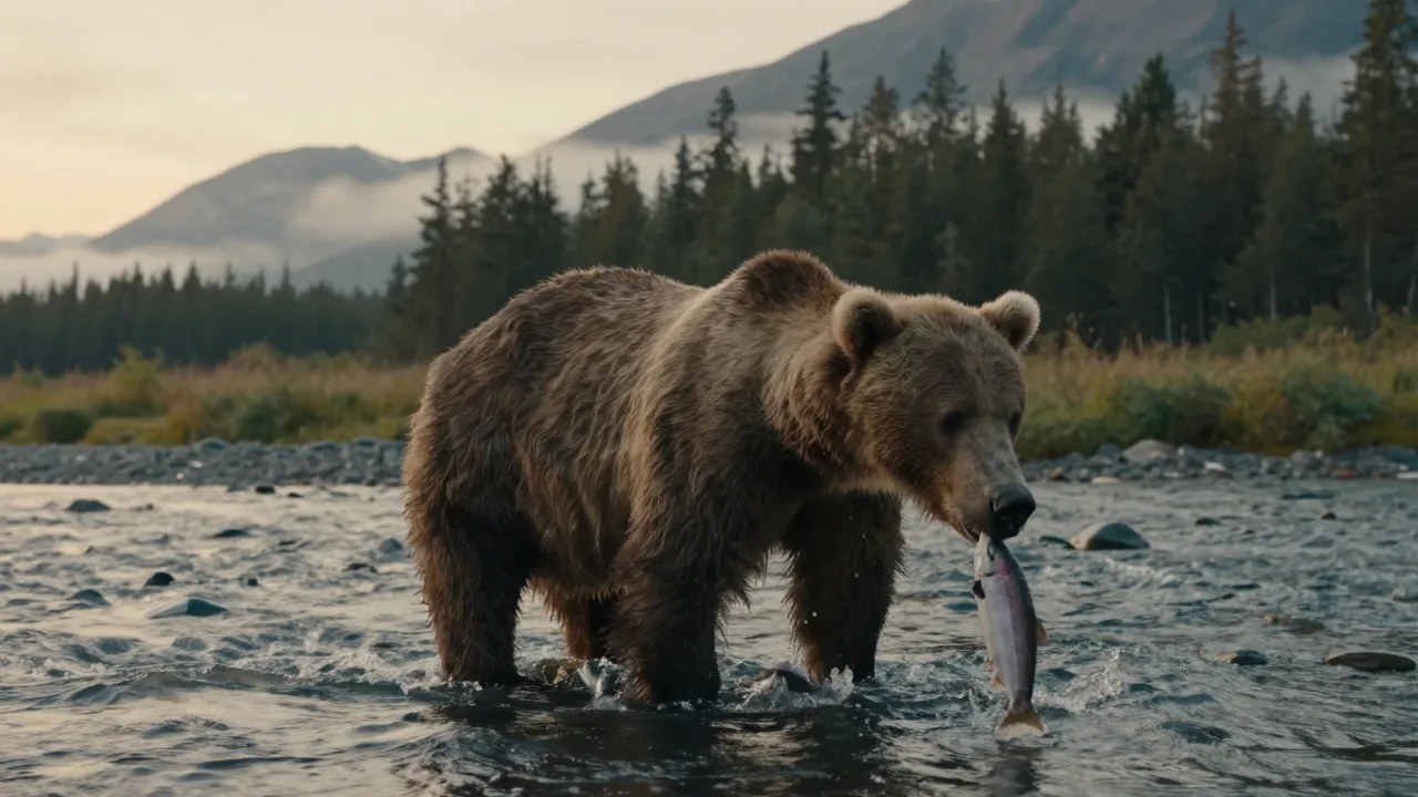 A large brown bear standing in a salmon-filled river at dusk