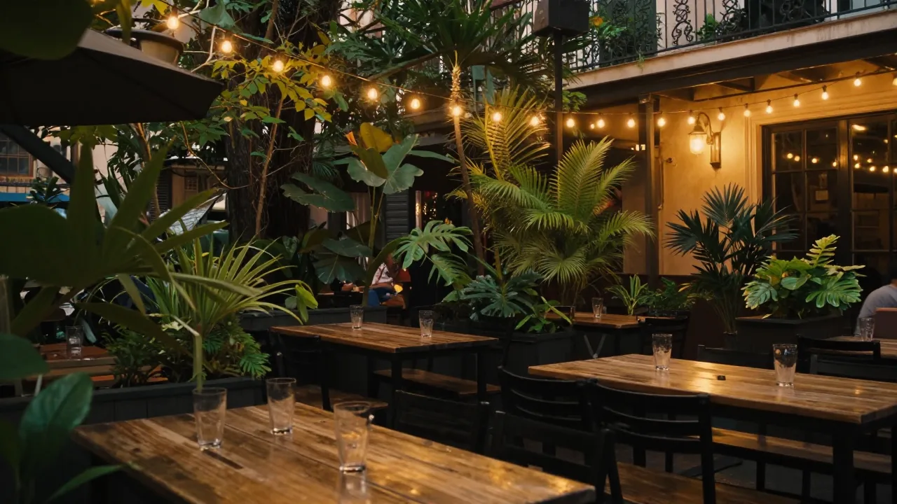 Warmly lit New Orleans beer garden patio at night