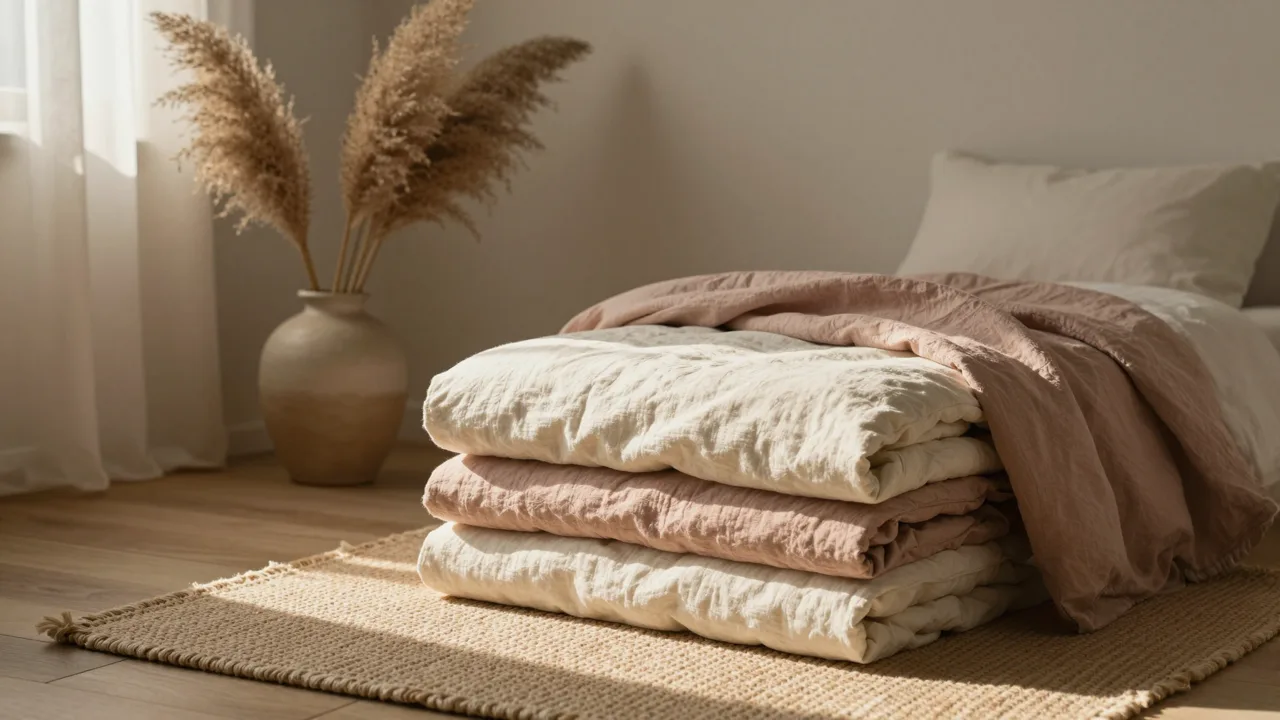 Softly lit bedroom corner with folded linen bedding, ceramic vase and a woven rug