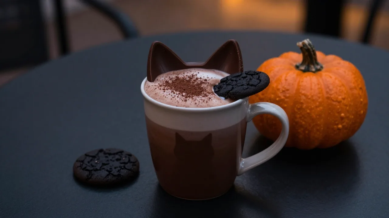 Dark chocolate blended drink beside black cat themed Halloween cups