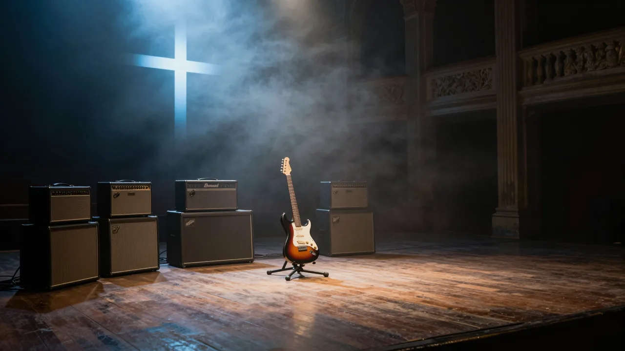 Empty concert stage with vintage amplifier stacks, fog and a single cross-shaped beam of light