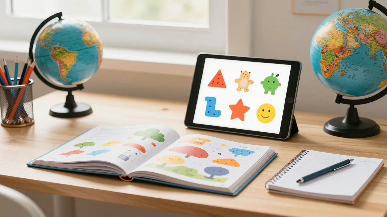 Child-friendly study desk with books, globe and tablet
