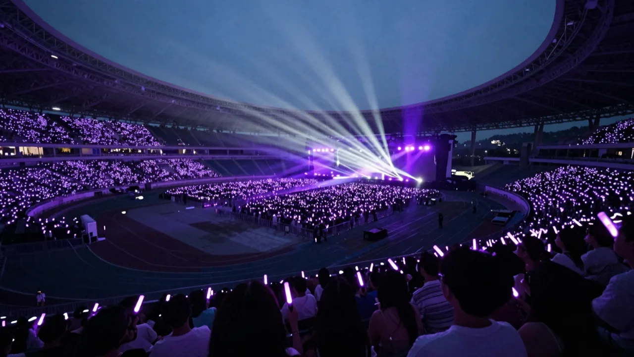 Stadium crowd at night holding glowing purple light sticks under stage beams