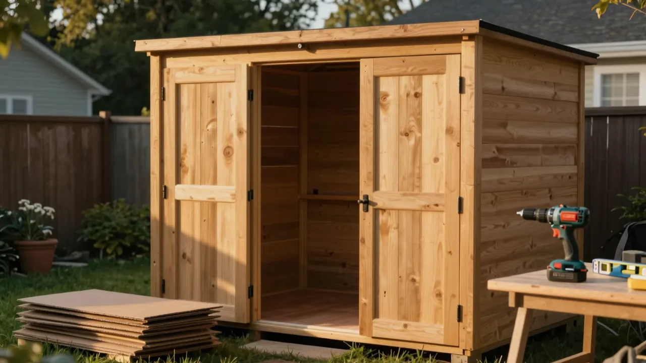 Freshly assembled wooden garden shed in a sunlit backyard with tools and empty packaging nearby