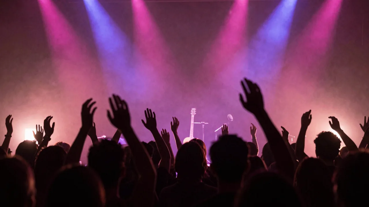 Silhouetted concert crowd with hands raised under purple and magenta stage lights