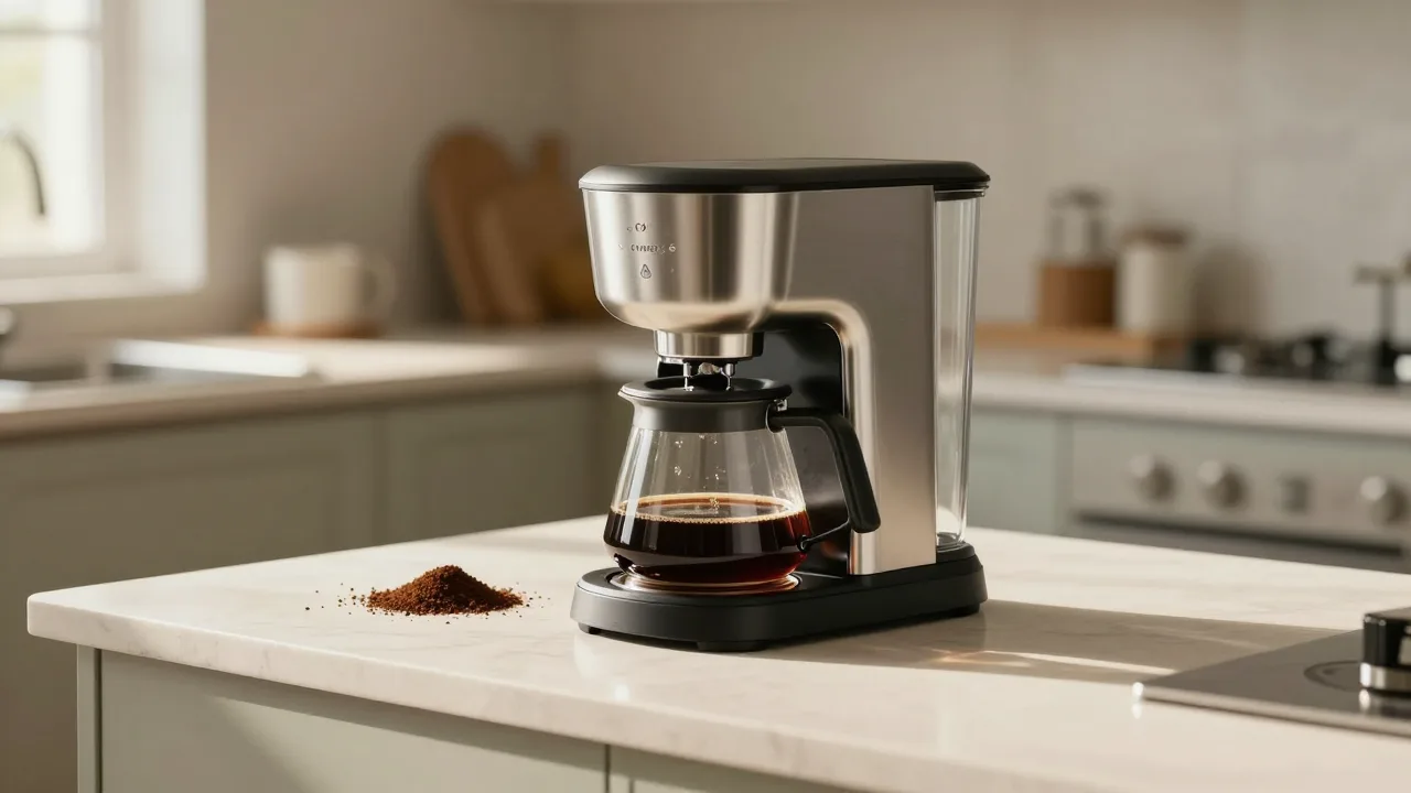 Modern glass and stainless steel coffee maker on a warm kitchen counter