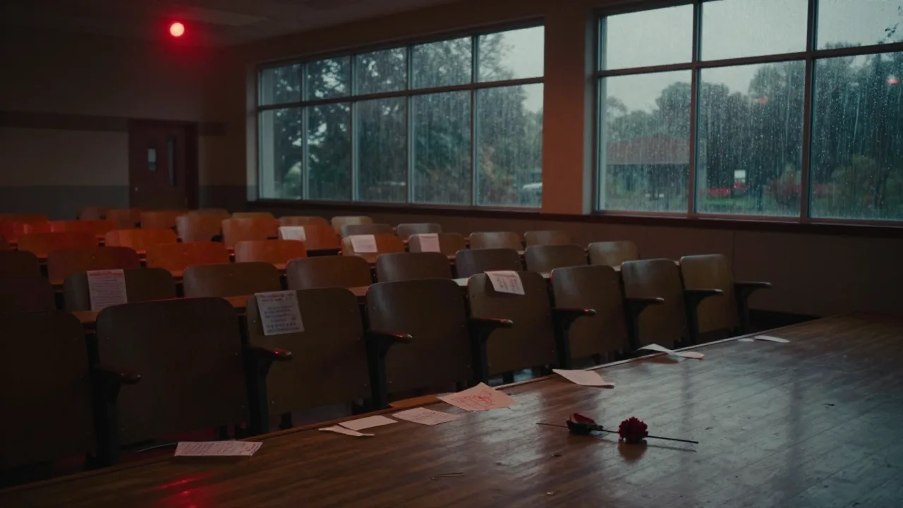 A dark high school auditorium prepared for a prom