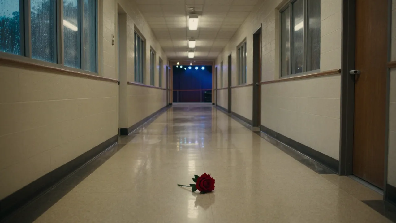 A lonely high school hallway with a red prom corsage on the floor