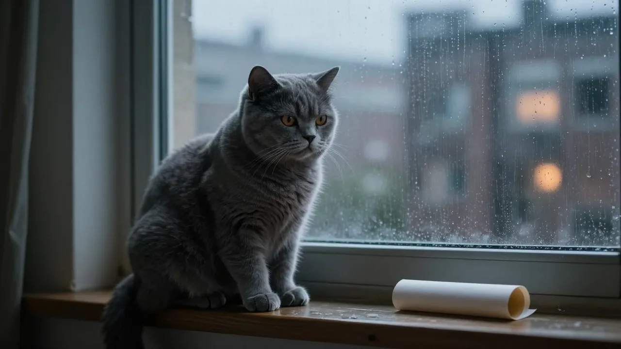 Stylized unimpressed cat in a moody apartment window scene