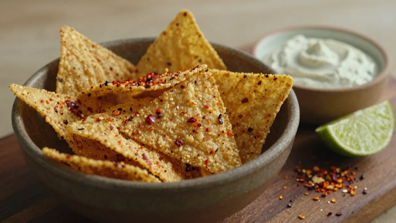 Bowl of rolled chile lime tortilla chips with lime wedges on a wooden board