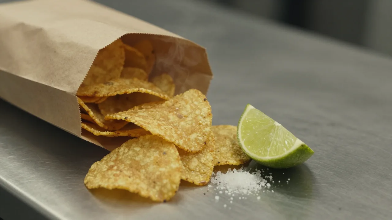 Warm tortilla chips spilling from a plain paper bag next to a lime wedge on a steel counter