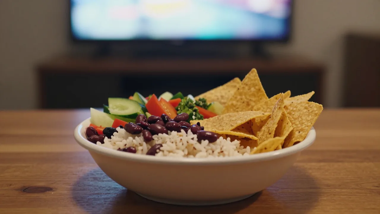 A burrito bowl on a warmly lit table beside a television remote