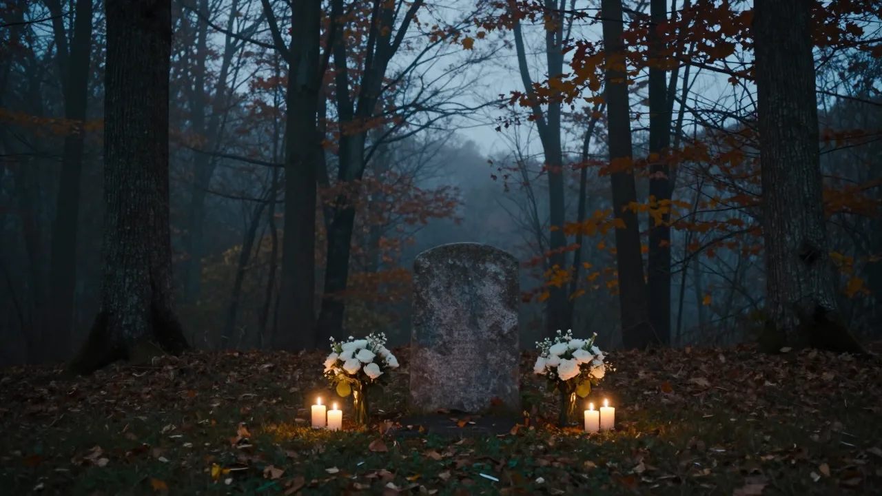 Candlelit memorial with flowers in a quiet wooded setting
