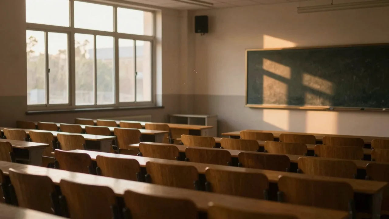 Empty university lecture hall at dusk with a numbered scoreboard glowing on a wall