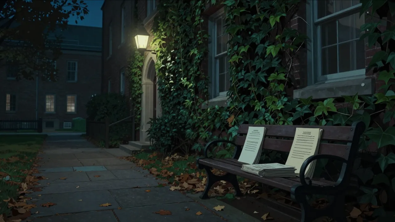 Nighttime university campus walkway with courthouse papers