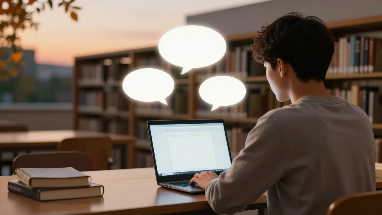 Student using a laptop in a quiet campus library