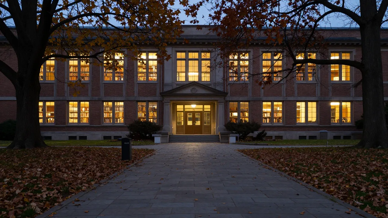 Autumn university campus walkway at night