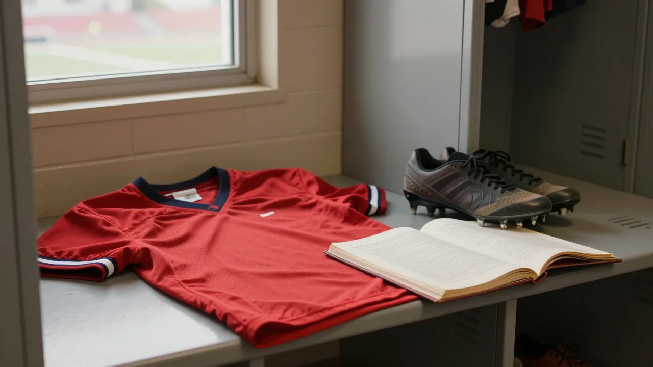 A college football jersey and script on a locker room bench