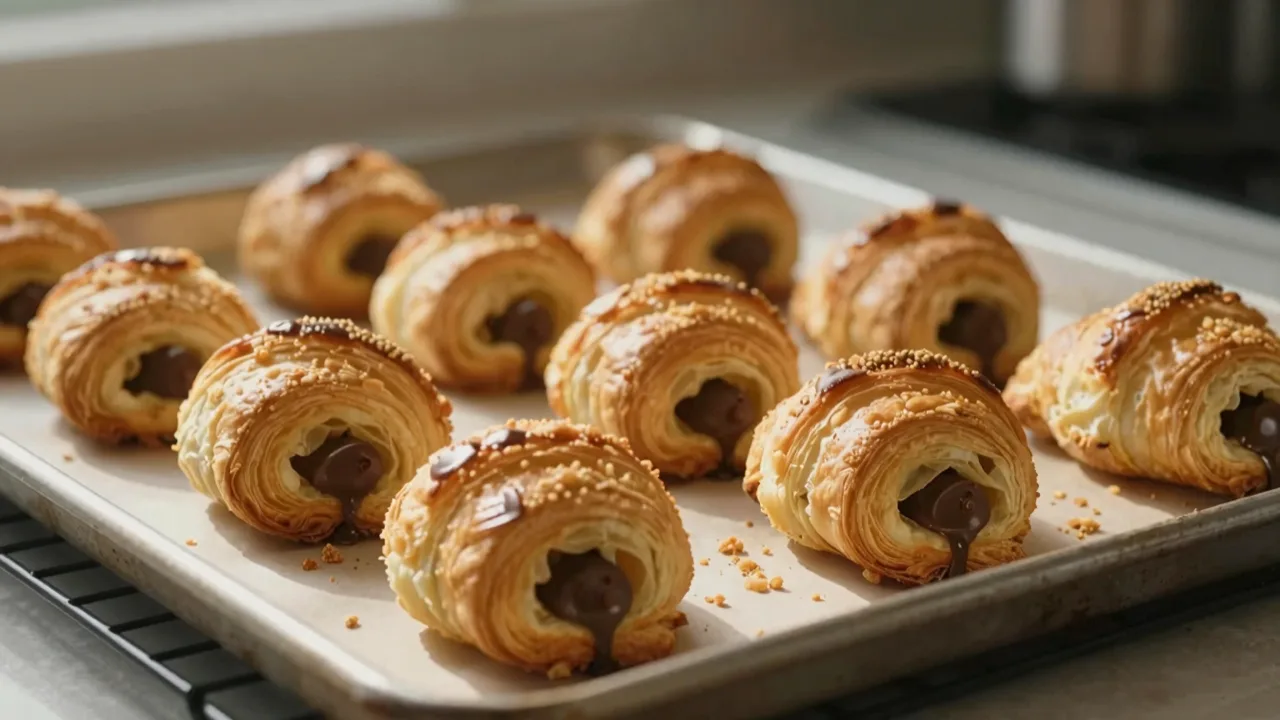 Small chocolate filled croissants cooling on a wire rack beside a baking tray