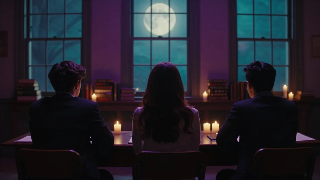 Candlelit magic academy classroom with anonymous student silhouettes