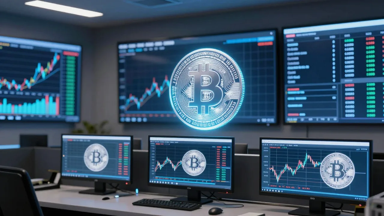 Abstract digital dollar coin beside market charts