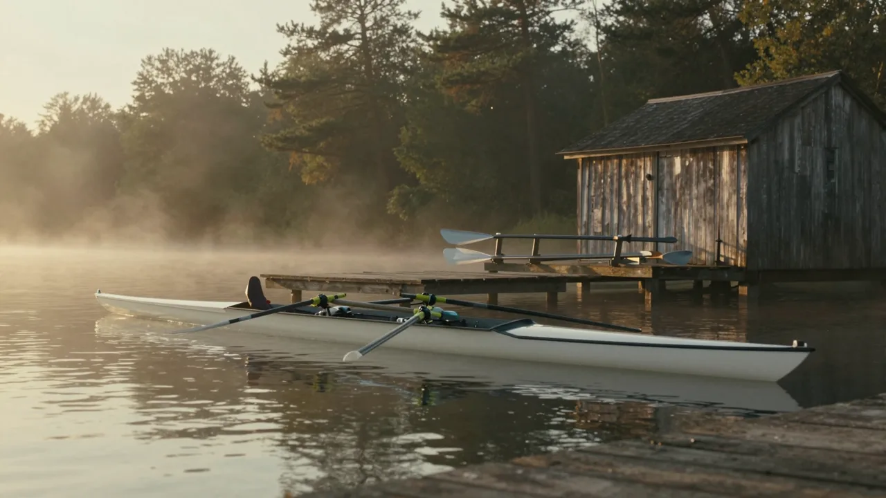 Empty racing shell on a misty lake at dawn beside a wooden boathouse