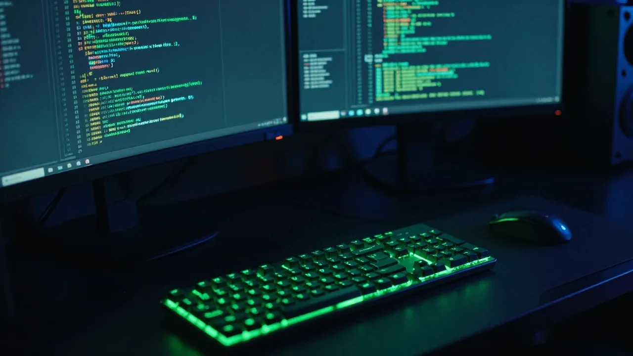 Neon computer setup with a leek-shaped green light