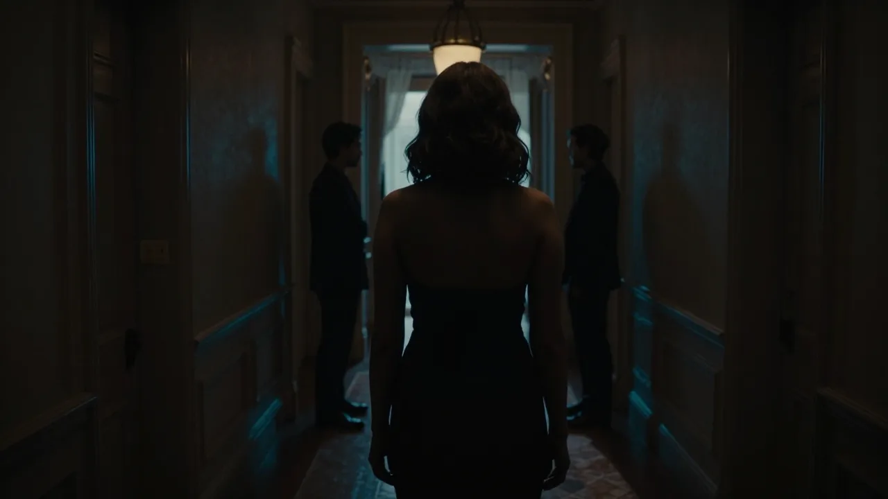 A woman standing between two shadowed brothers in an elegant mansion hallway