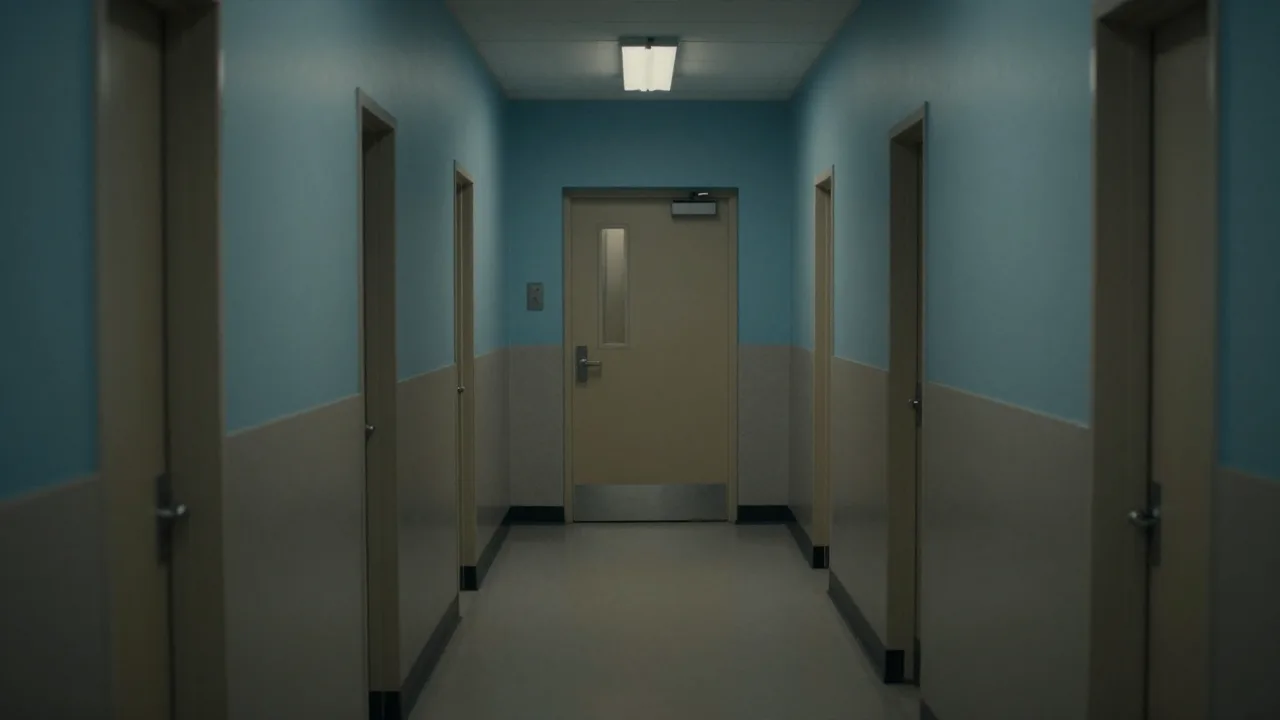 Empty prison corridor under dramatic low light