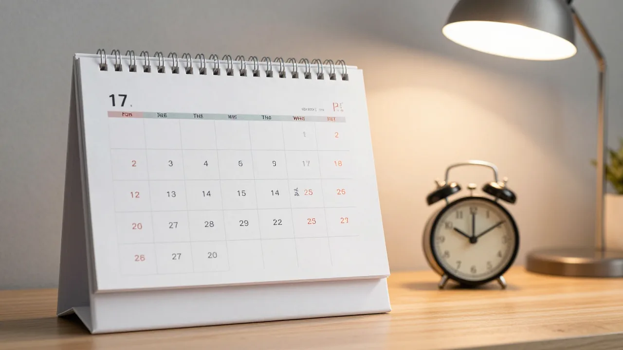 Calendar, clock and task list on a desk