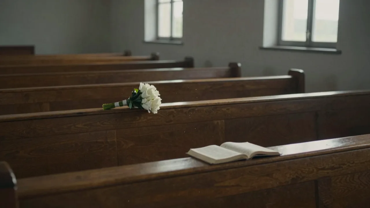 Empty wooden church pews at dusk with a single white bouquet on a bench