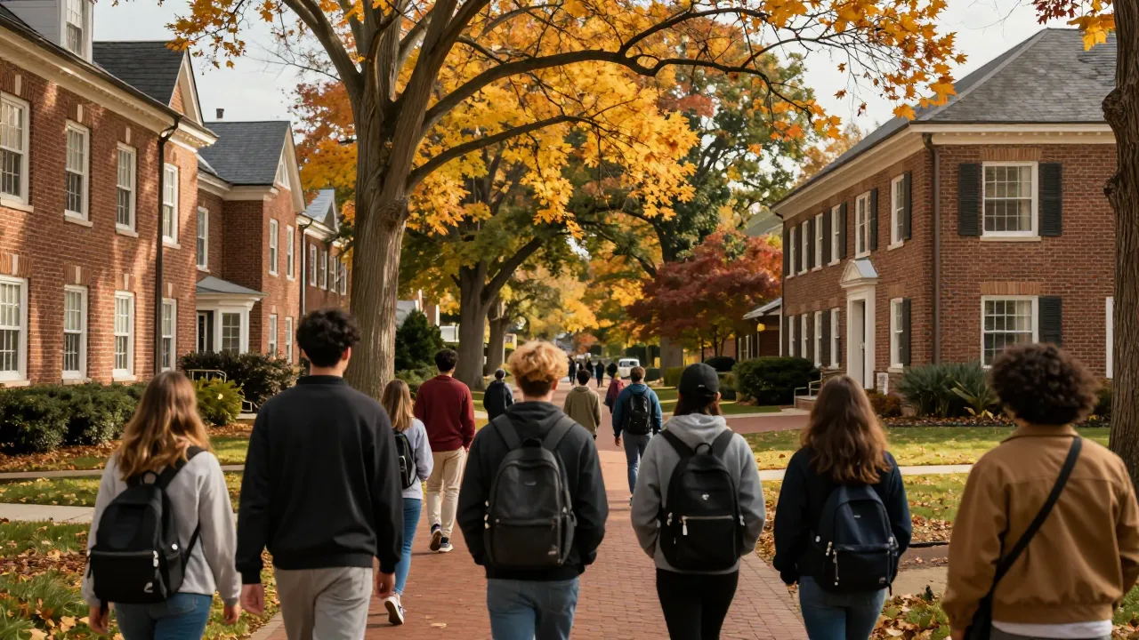 Students walking across a sunny university quad