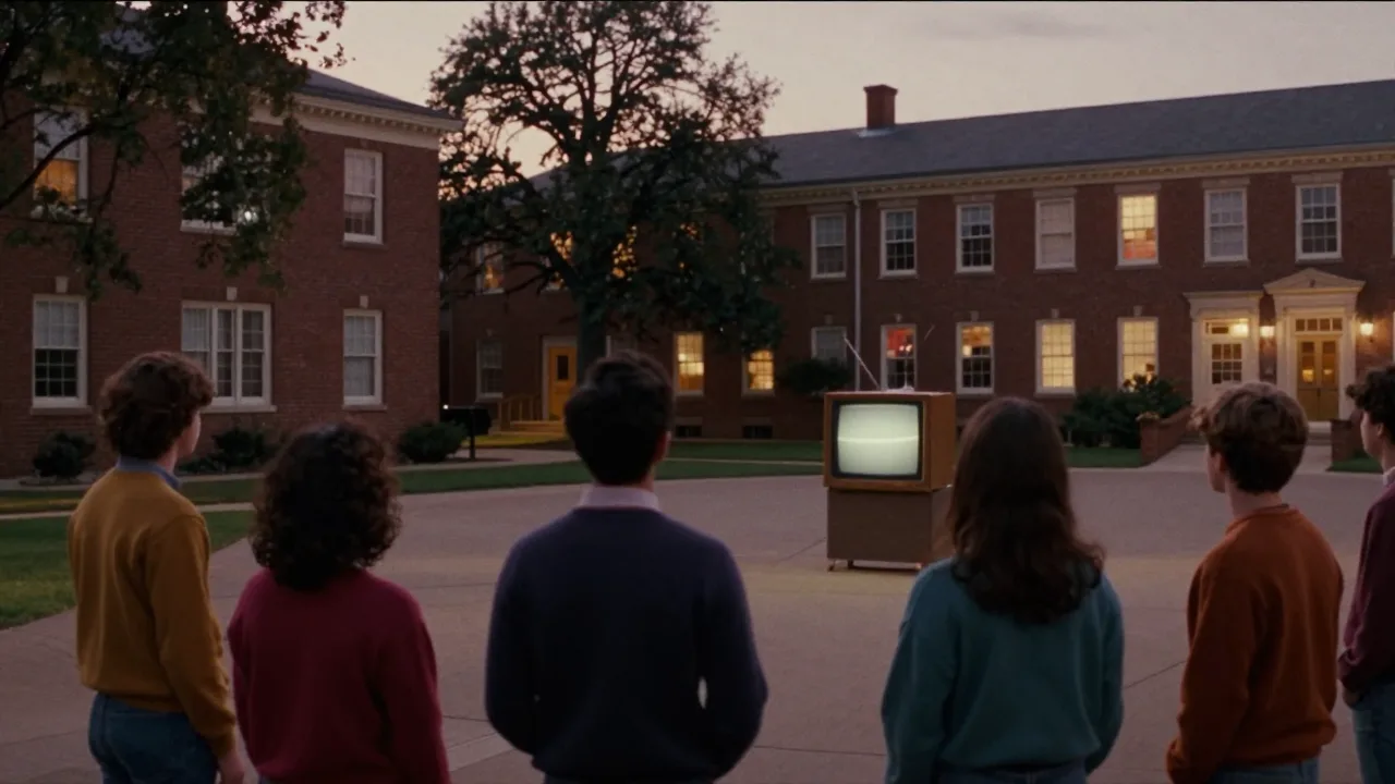 Vintage college campus television set with empty chairs
