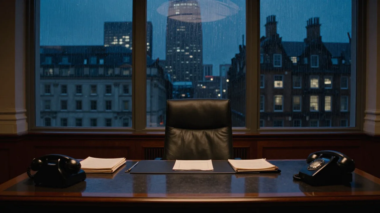 A dimly lit diplomatic office with papers, a telephone and rain on the window