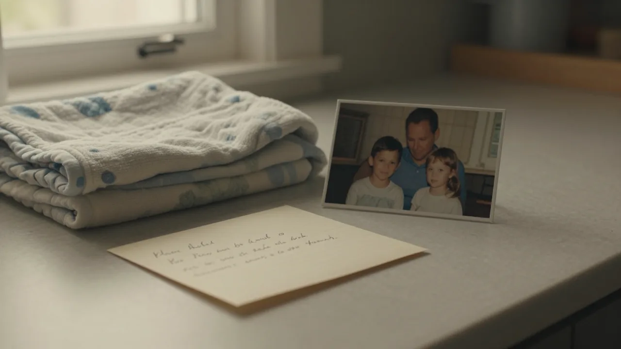 A handwritten letter beside a baby blanket on a table