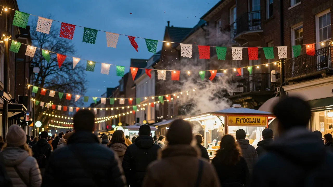 Green, white and red flags and paper decorations strung across a city street at dusk