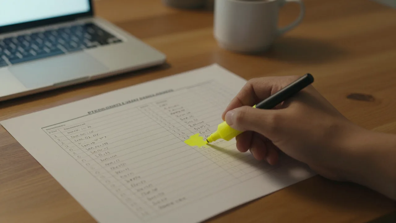 Printed fantasy football rankings sheet on a table beside a laptop and a highlighter