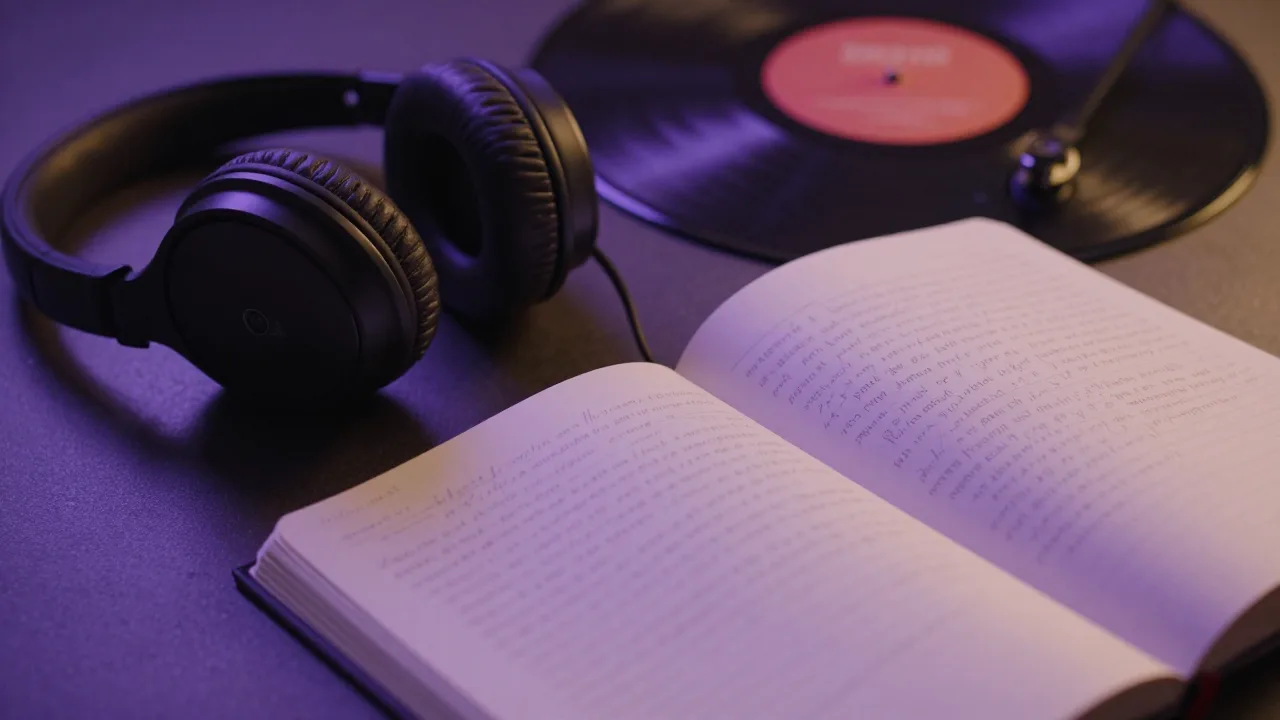 Headphones beside a handwritten lyric notebook