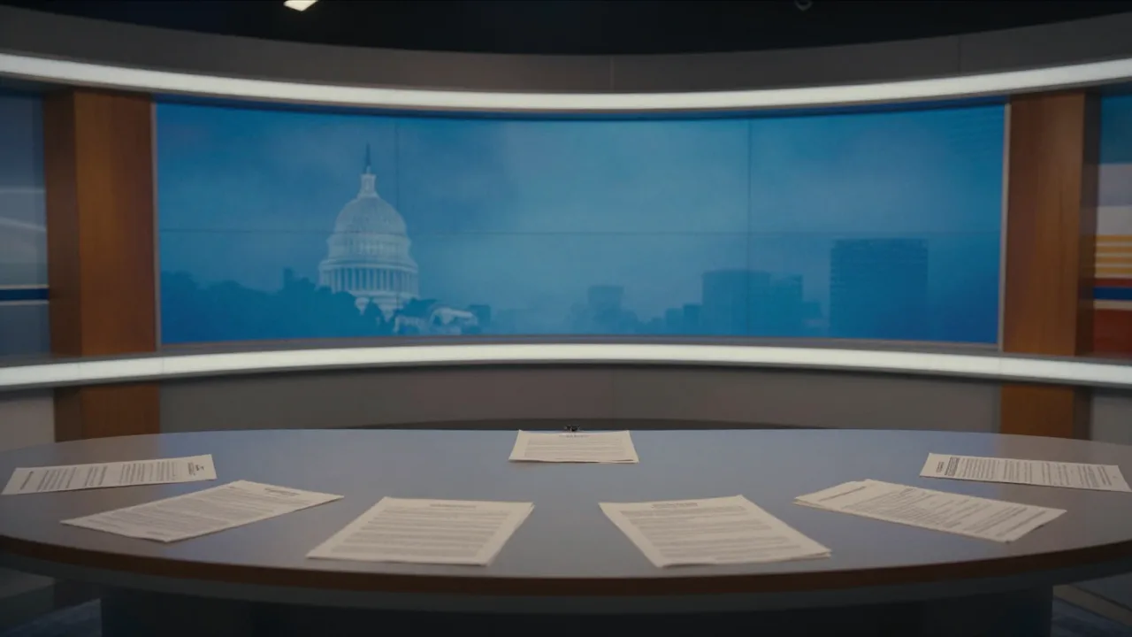 Empty Sunday political news studio with papers and microphones